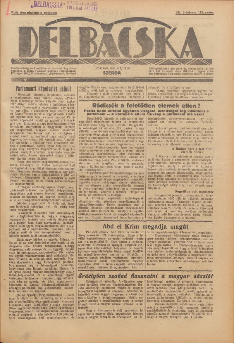 Délbácska, 7. évf. 1926. május 26. 119. sz.