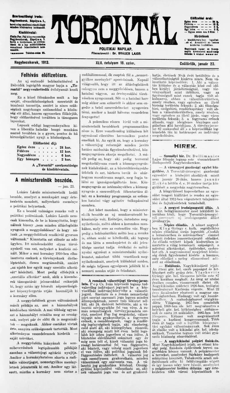 Torontál, 42. évf. 1913. január 23. 18. sz.