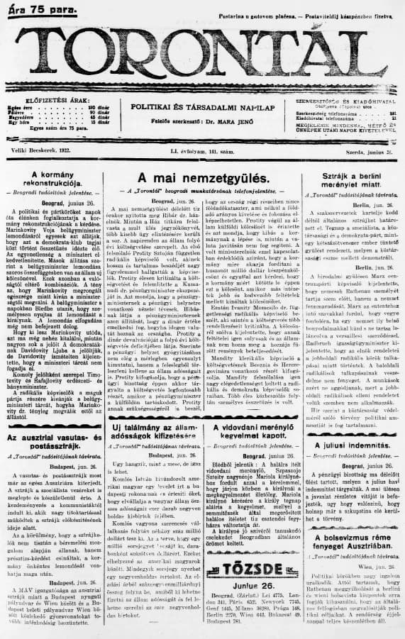 Torontál, 51. évf. 1922. június 28. 141. sz.