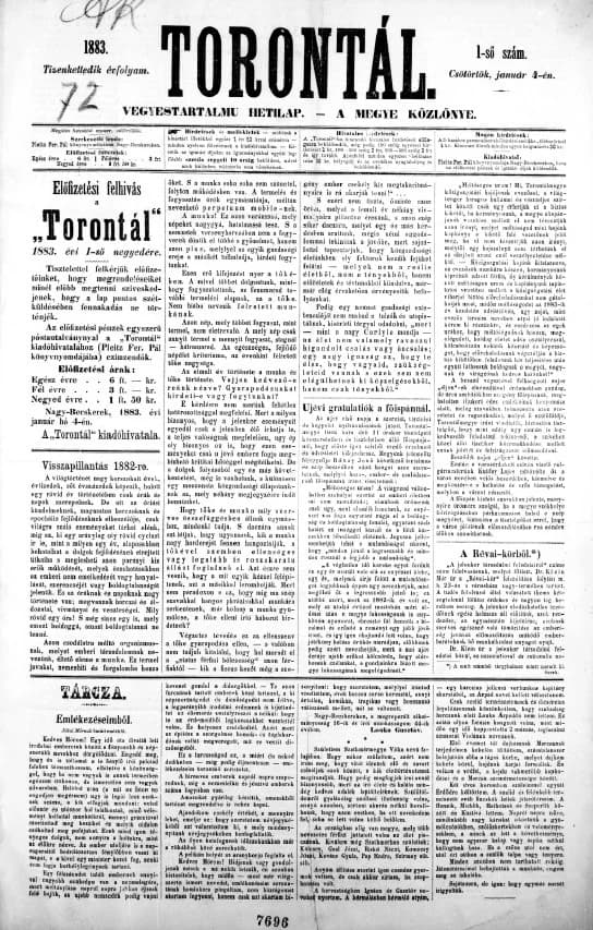 Torontál, 12. évf. 1883. január 4. 1. sz.