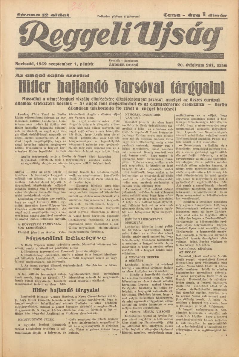 Reggeli Újság, 20. évf. 1939. szeptember 1. 241. sz.