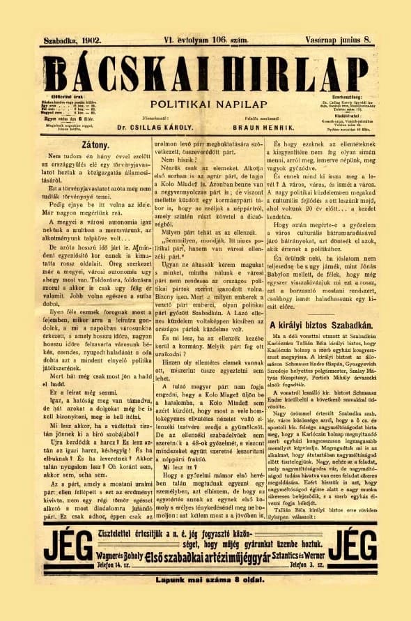 Bácskai Hirlap, 6. évf. 1902. június 8. 106. sz.