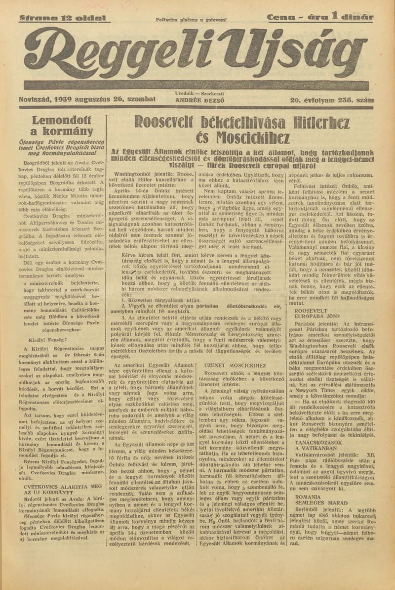 Reggeli Újság, 20. évf. 1939. augusztus 26. 235. sz.