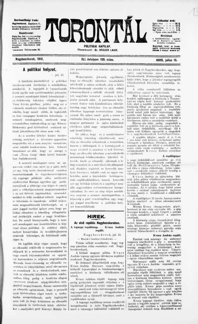 Torontál, 41. évf. 1912. július 15. 159. sz.