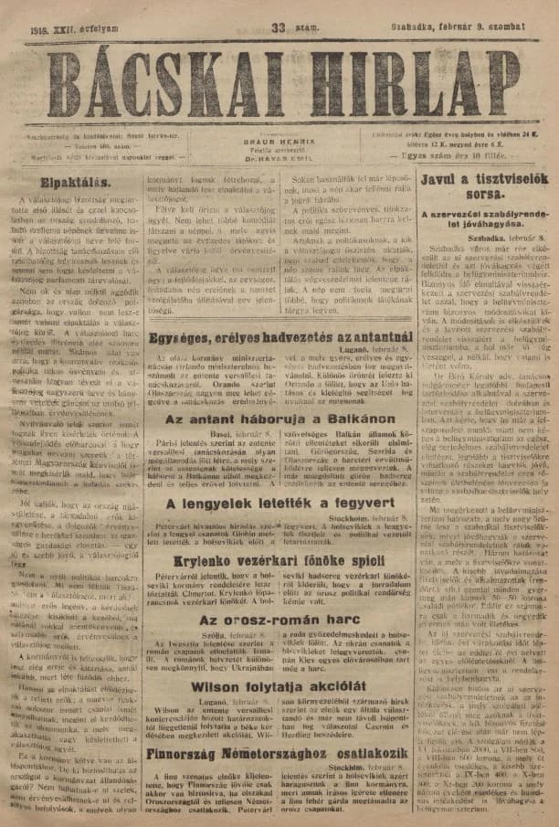 Bácskai Hirlap, 22. évf. 1918. február 9. 33. sz.