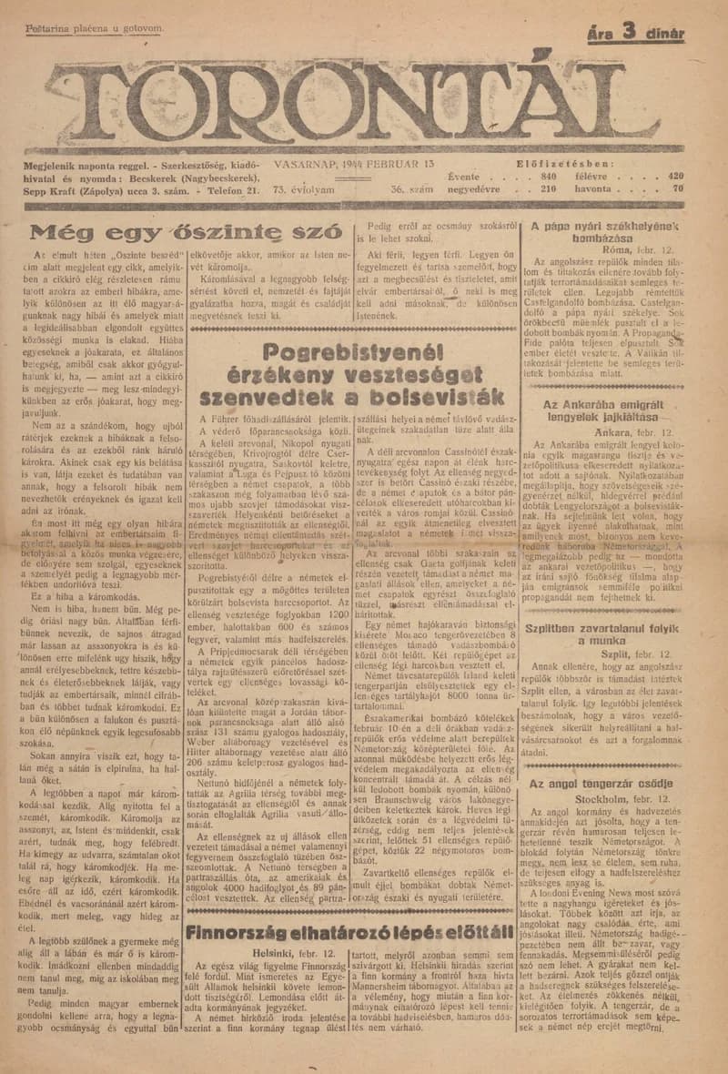 Torontál, 73. évf. 1944. február 13. 36. sz.