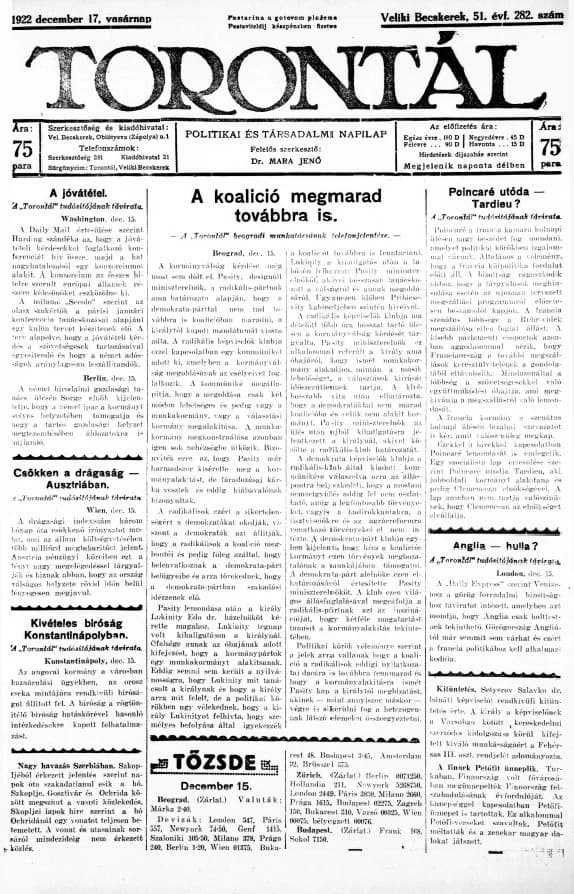 Torontál, 51. évf. 1922. december 17. 282. sz.