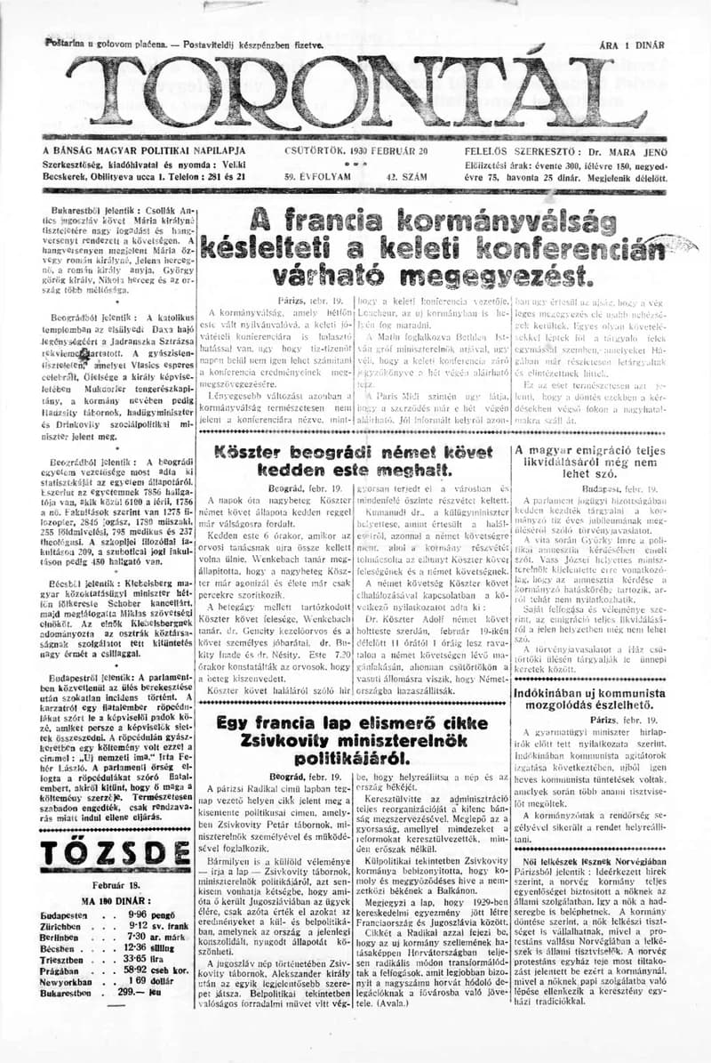 Torontál, 59. évf. 1930. február 20. 42. sz.