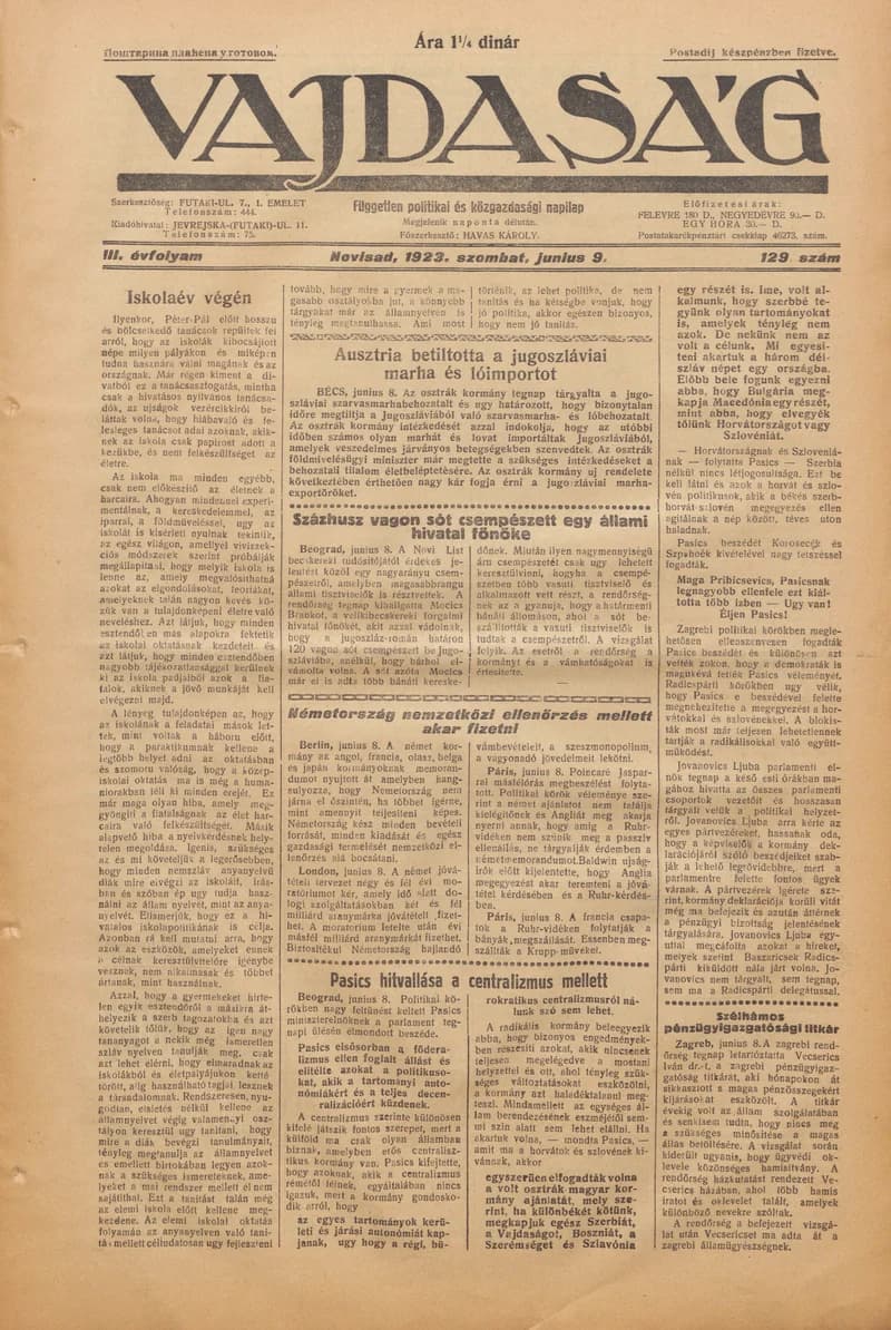 Vajdaság, 3. évf. 1923. június 9. 129. sz.