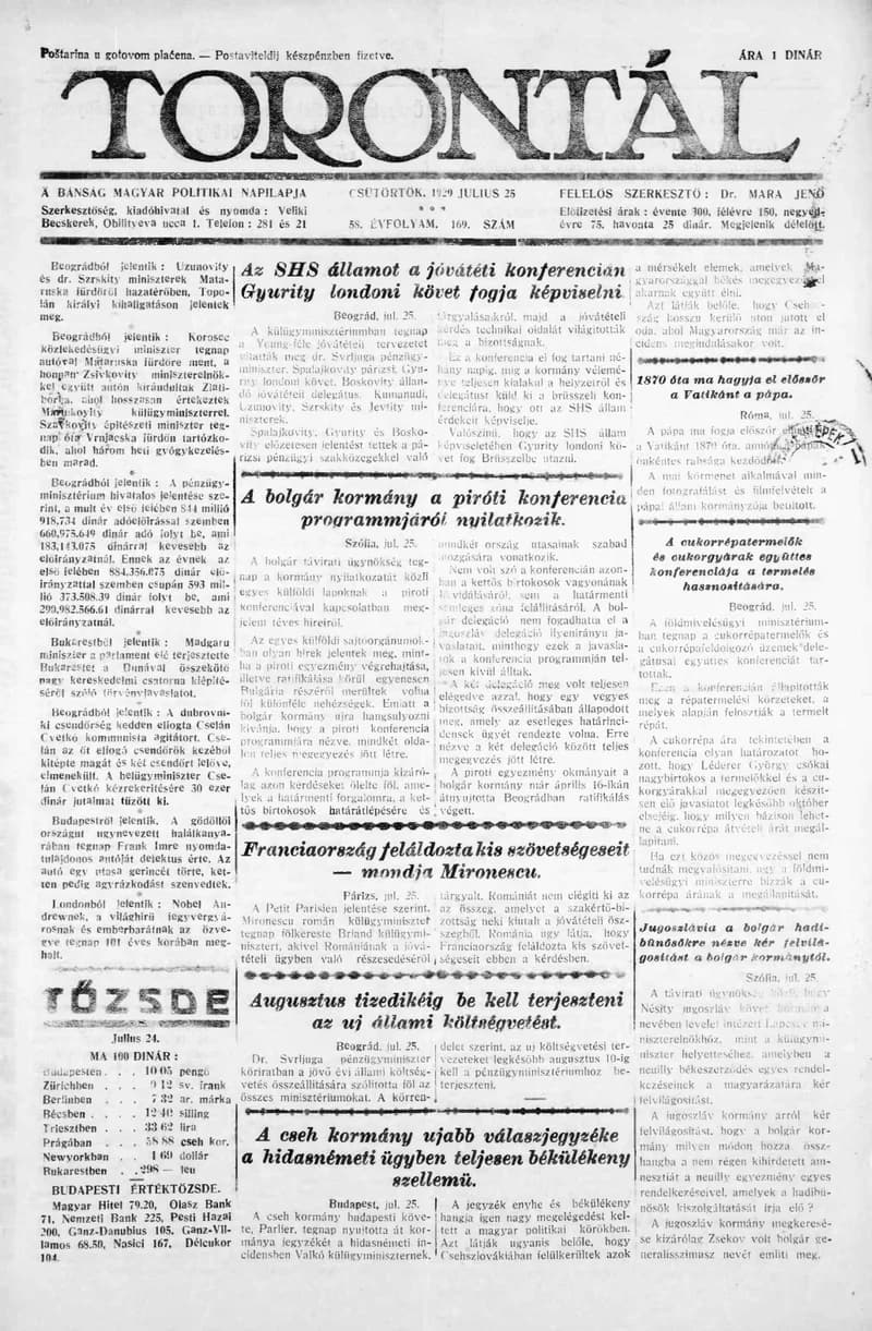 Torontál, 58. évf. 1929. július 25. 169. sz.