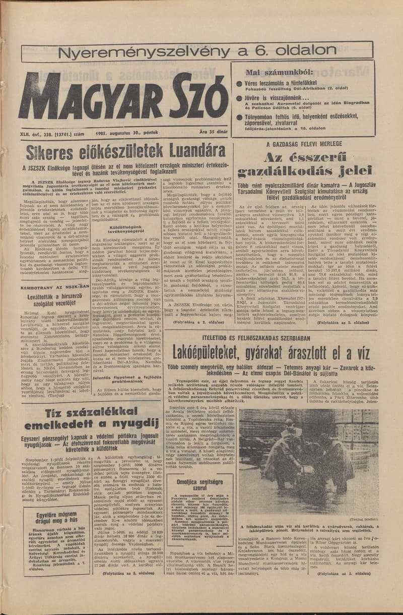 Magyar Szó, 42. évf. 1985. augusztus 30. 238. sz. 1–20. oldal