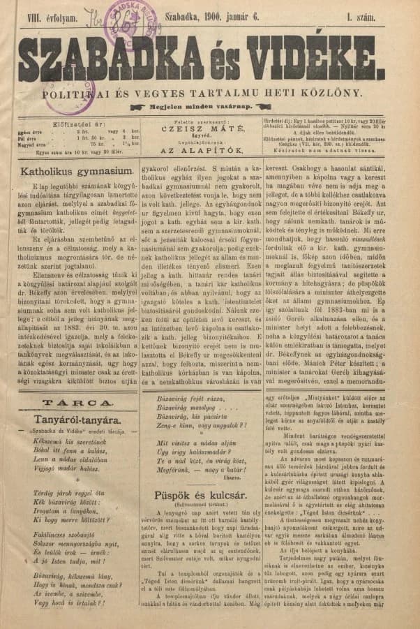 Szabadka és vidéke II, 8. évf. 1900. január 6. 1. sz.