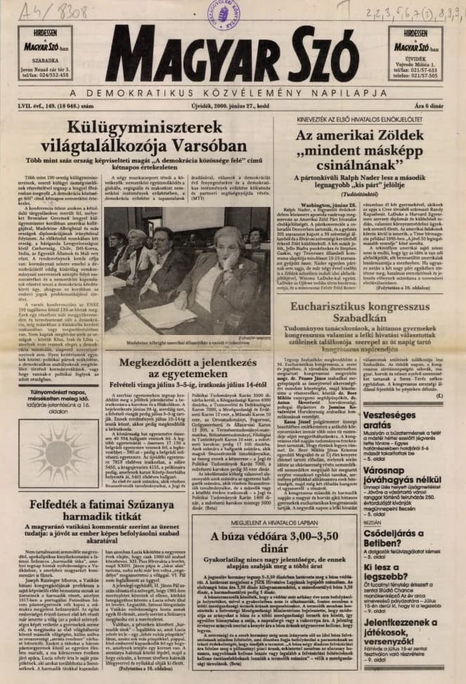 Magyar Szó, 57. évf. 2000. június 27. 149. sz. 1–16. oldal