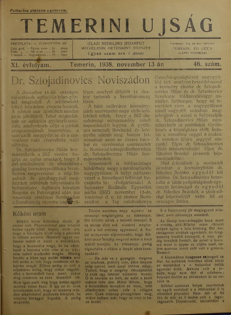 Temerini Újság 1928-1944, 11. évf. 1938. november 13. 46. sz.