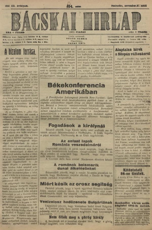 Bácskai Hirlap, 20. évf. 1916. november 27. 544. sz.