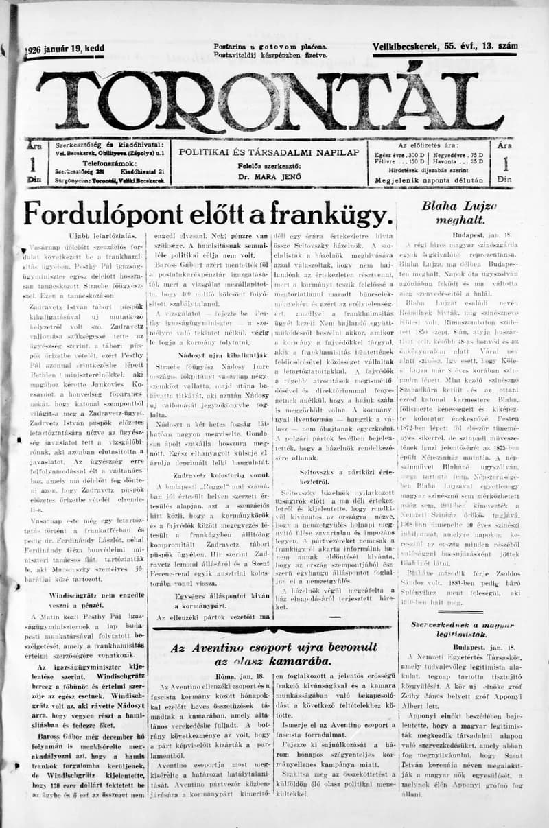 Torontál, 55. évf. 1926. január 19. 13. sz.