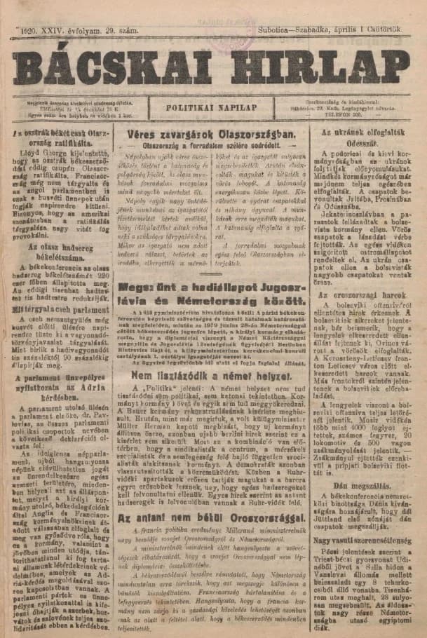 Bácskai Hirlap, 24. évf. 1920. április 1. 29. sz.