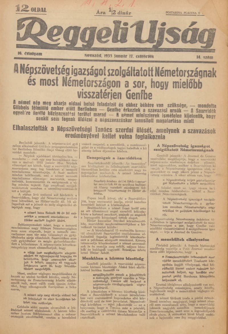 Reggeli Újság, 16. évf. 1935. január 17. 14. sz.