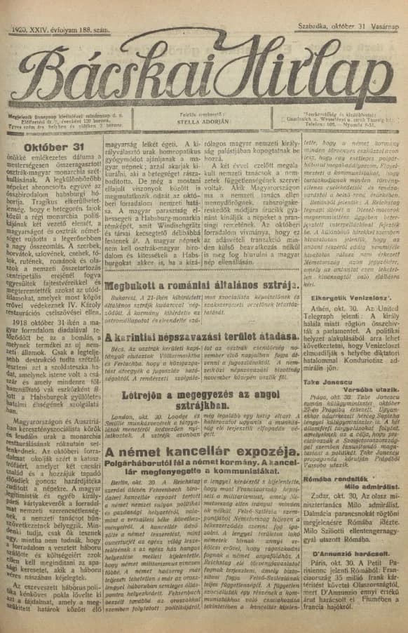 Bácskai Hirlap, 24. évf. 1920. október 31. 188. sz.