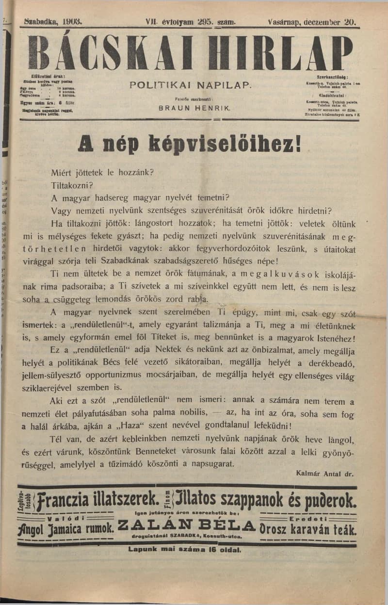 Bácskai Hirlap, 7. évf. 1903. december 20. 295. sz.