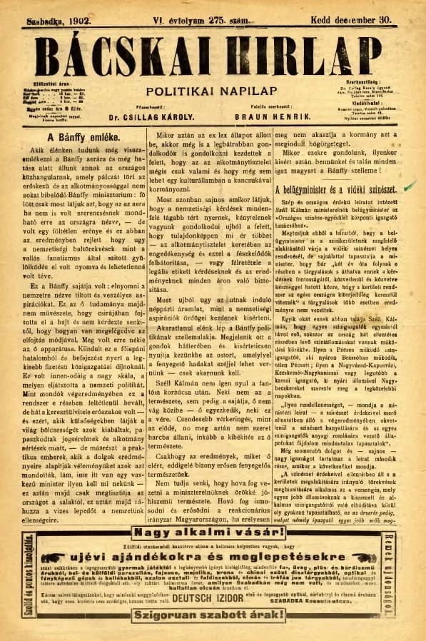 Bácskai Hirlap, 6. évf. 1902. december 30. 275. sz.