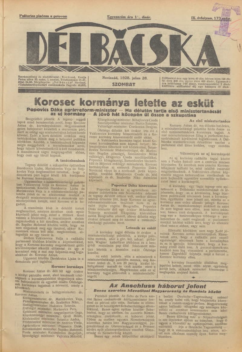 Délbácska, 9. évf. 1928. július 28. 173. sz.