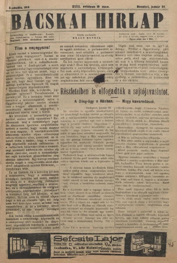 Bácskai Hirlap, 18. évf. 1914. január 24. 19. sz.