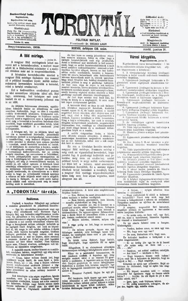 Torontál, 38. évf. 1909. június 21. 138. sz.