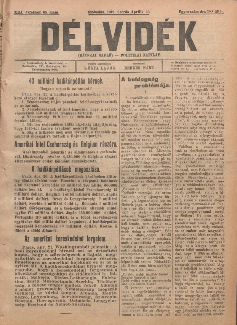 Délvidék, 13. évf. 1919. április 23. 68. sz.