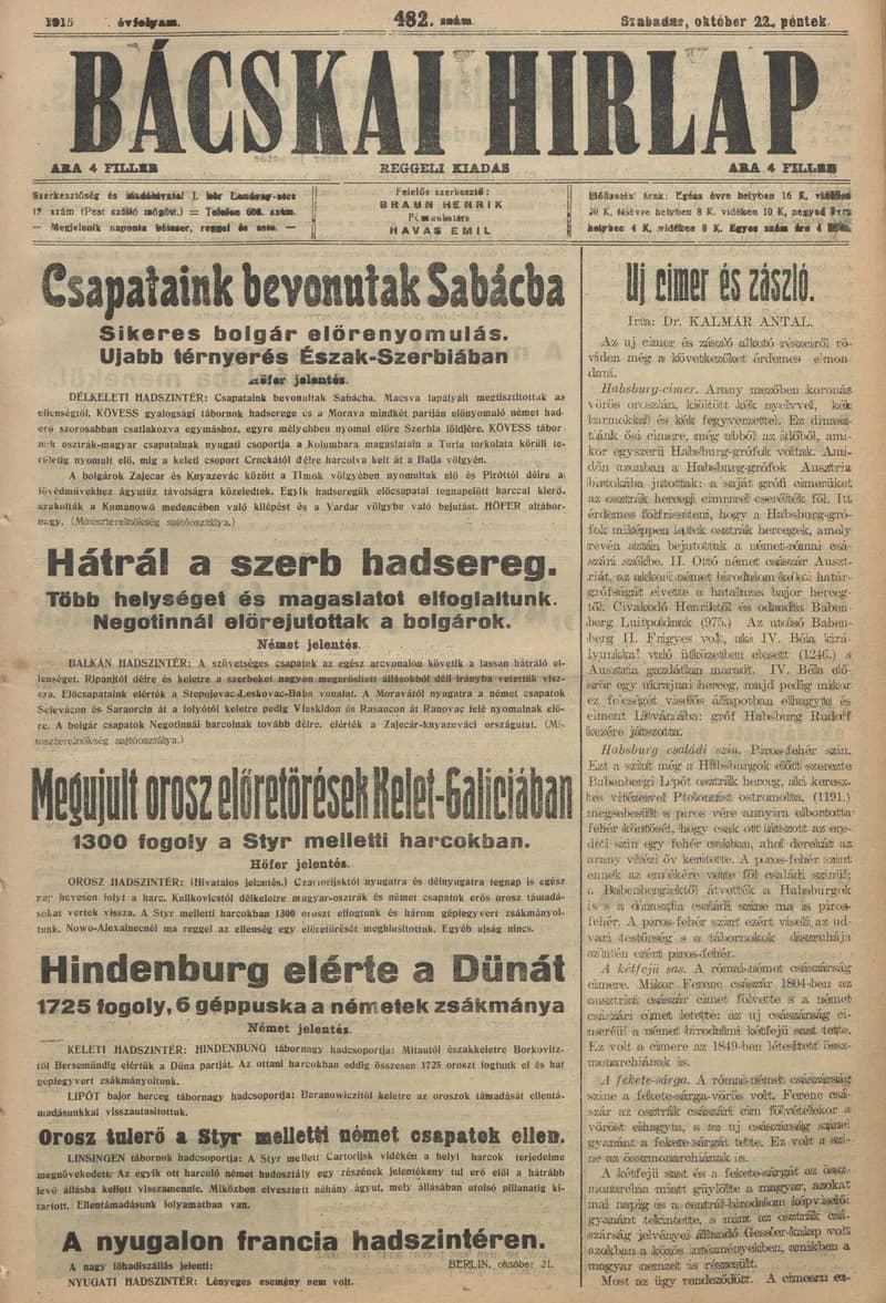 Bácskai Hirlap, 19. évf. 1915. október 22. 482. sz.