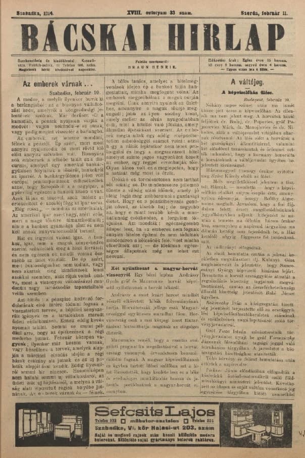 Bácskai Hirlap, 18. évf. 1914. február 11. 33. sz.