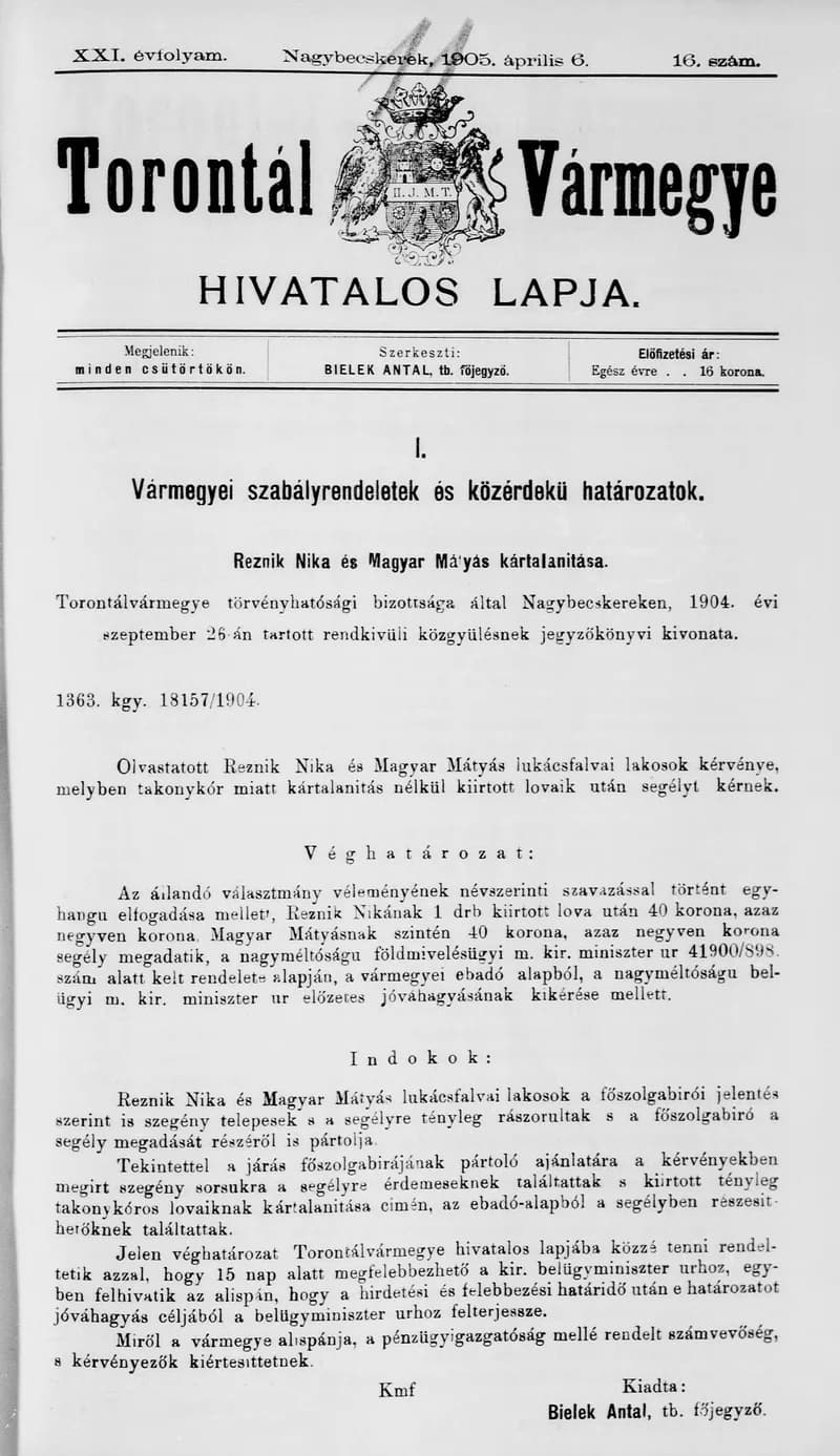 Torontál Vármegye Hivatalos Lapja, 21. évf. 1905. április 6. 16. sz.