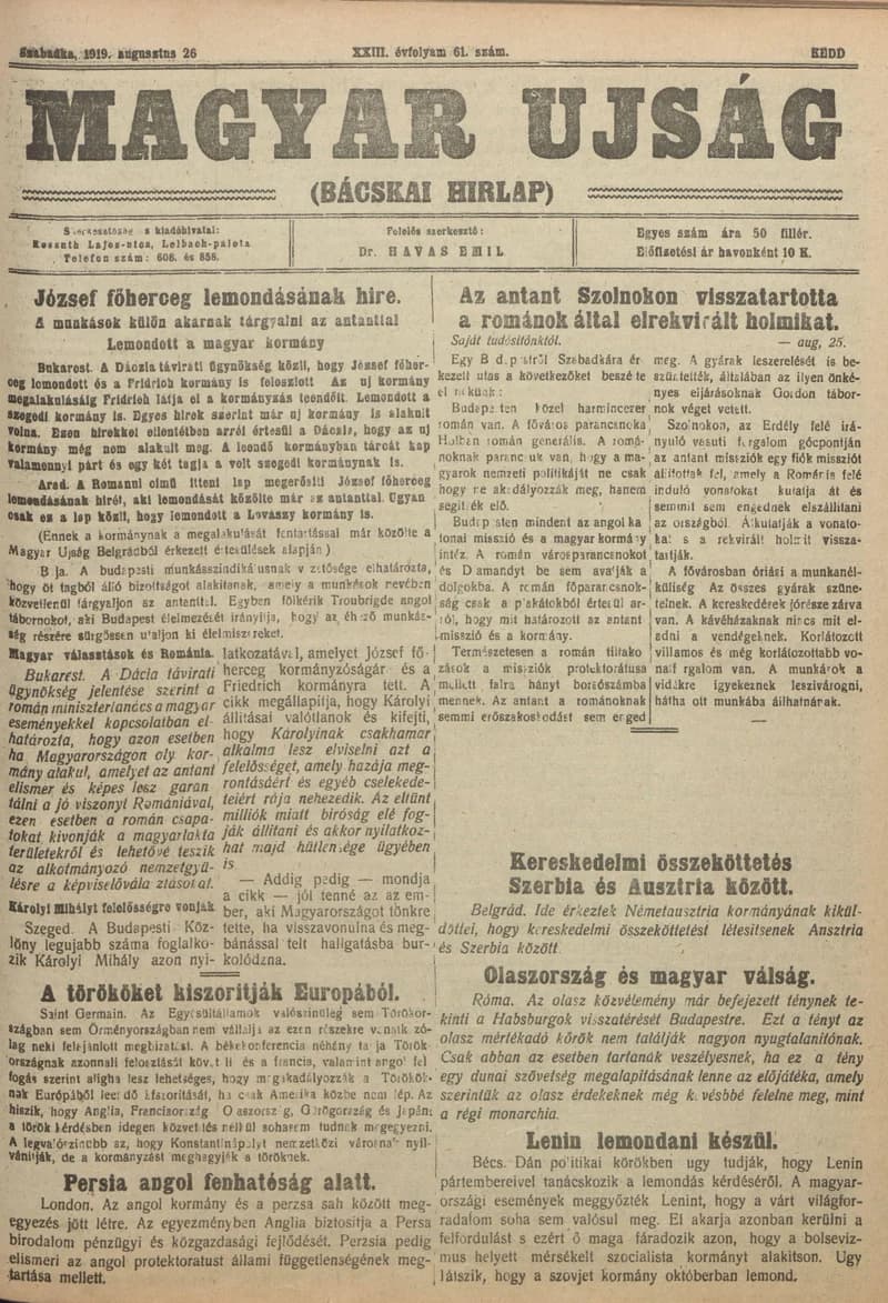 Bácskai Hirlap, 23. évf. 1919. augusztus 26. 61. sz.