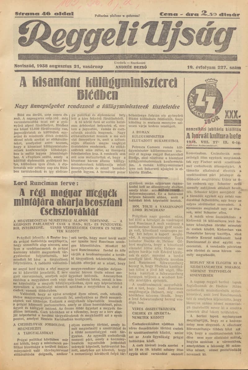 Reggeli Újság, 19. évf. 1938. augusztus 21. 227. sz.