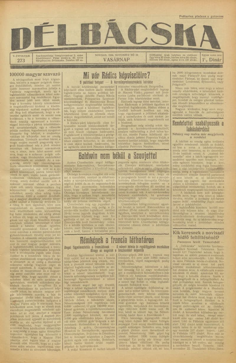 Délbácska, 5. évf. 1924. november 23. 273. sz.