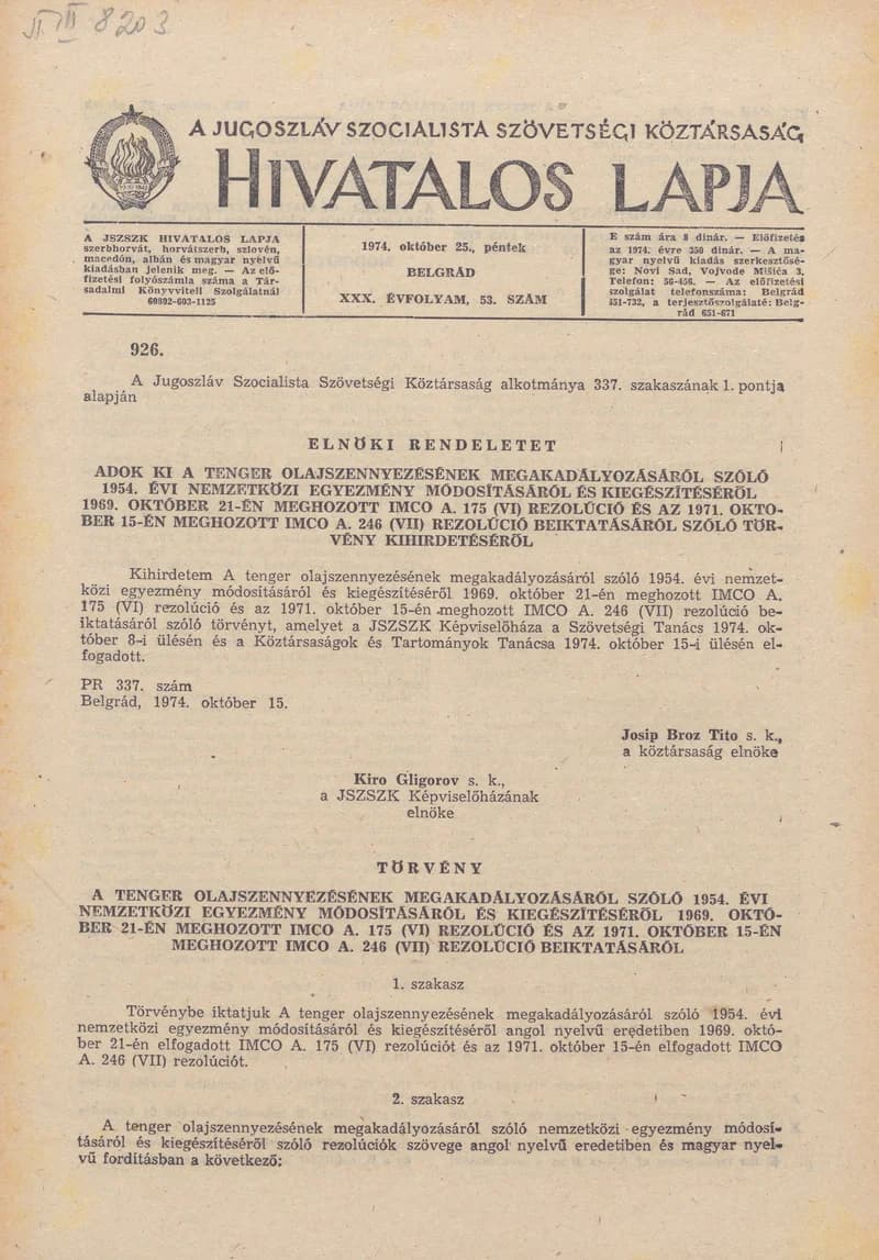 A Jugoszláv Szocialista Szövetségi Köztársaság Hivatalos Lapja, 30. évf. 1974. október 25. 53. sz. 1709–1740. oldal