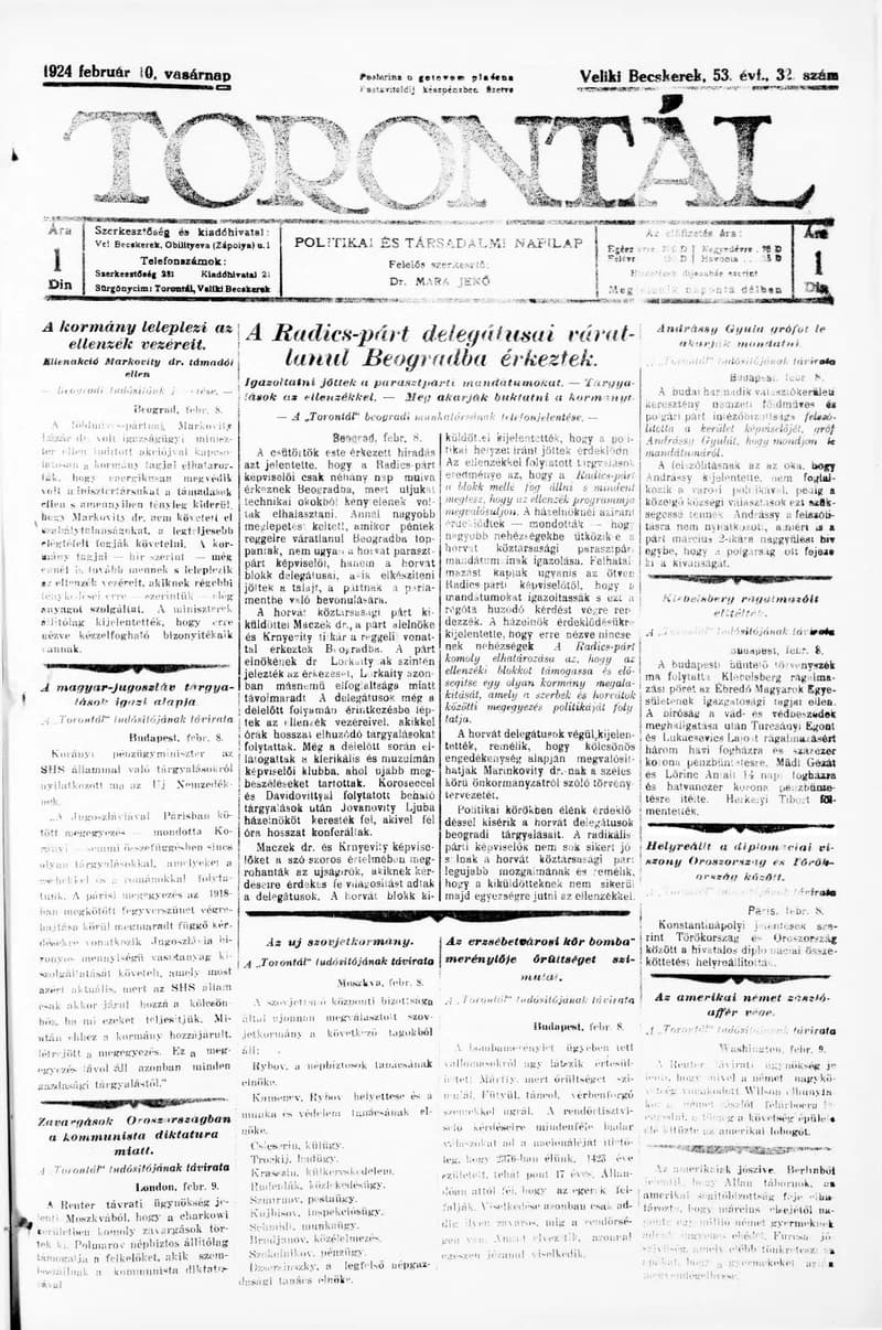 Torontál, 53. évf. 1924. február 10. 32. sz.