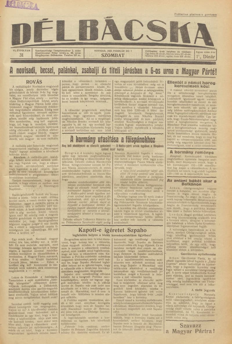 Délbácska, 6. évf. 1925. február 7. 31. sz.
