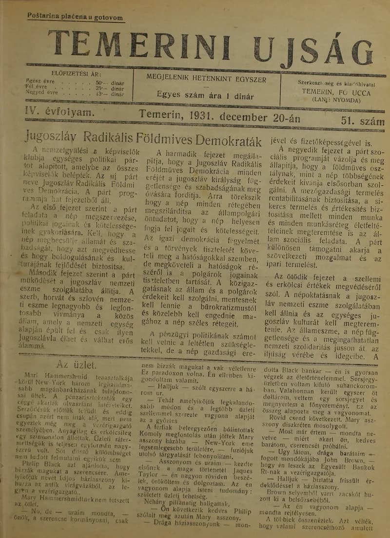 Temerini Újság 1928-1944, 4. évf. 1931. december 20. 51. sz.