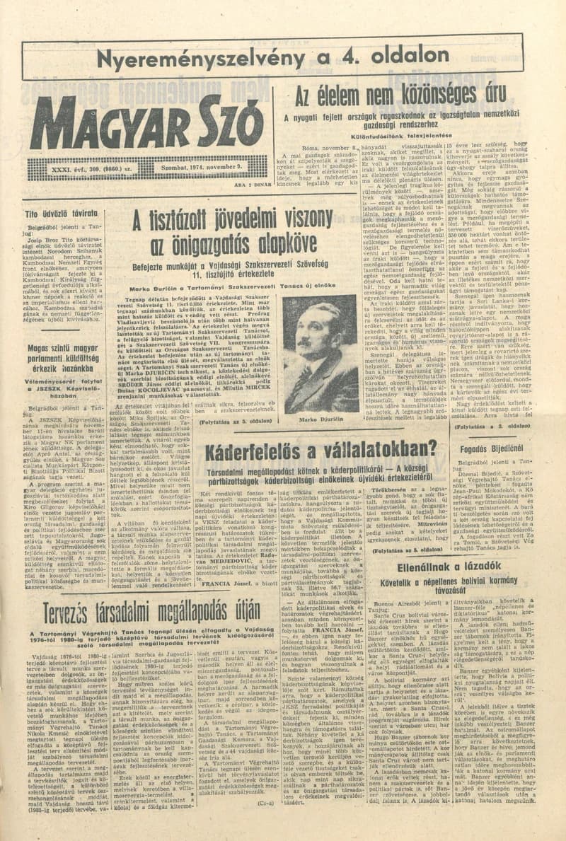 Magyar Szó, 31. évf. 1974. november 9. 309. sz. 1–20. oldal