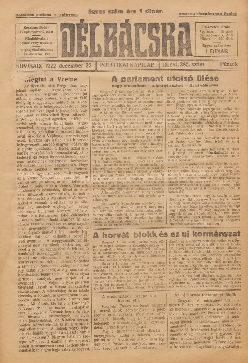 Délbácska, 3. évf. 1922. december 22. 285. sz.