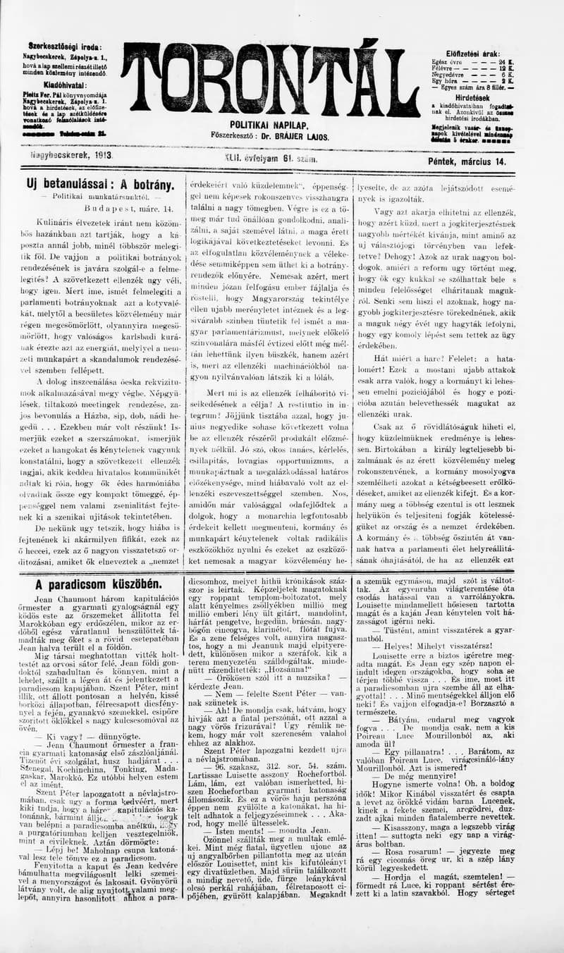 Torontál, 42. évf. 1913. március 14. 61. sz.