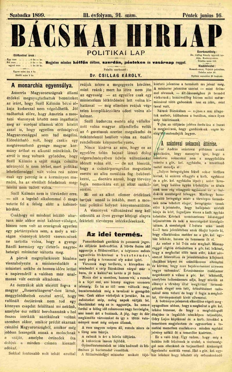 Bácskai Hirlap, 3. évf. 1899. június 16. 91. sz.