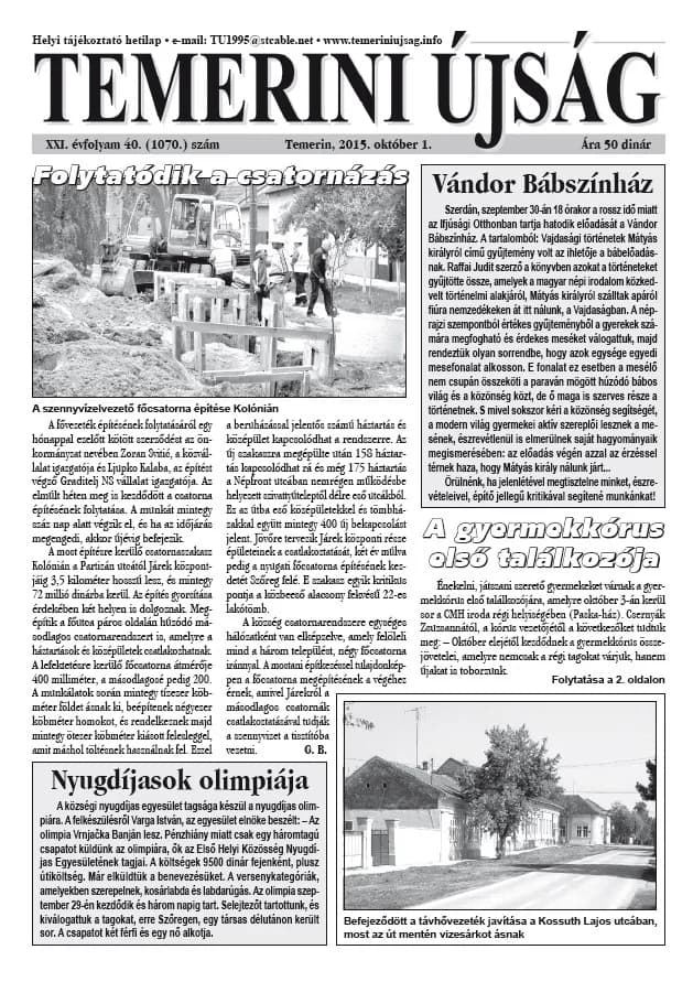 Temerini Újság, 21. évf. 2015. október 1. 40. sz.