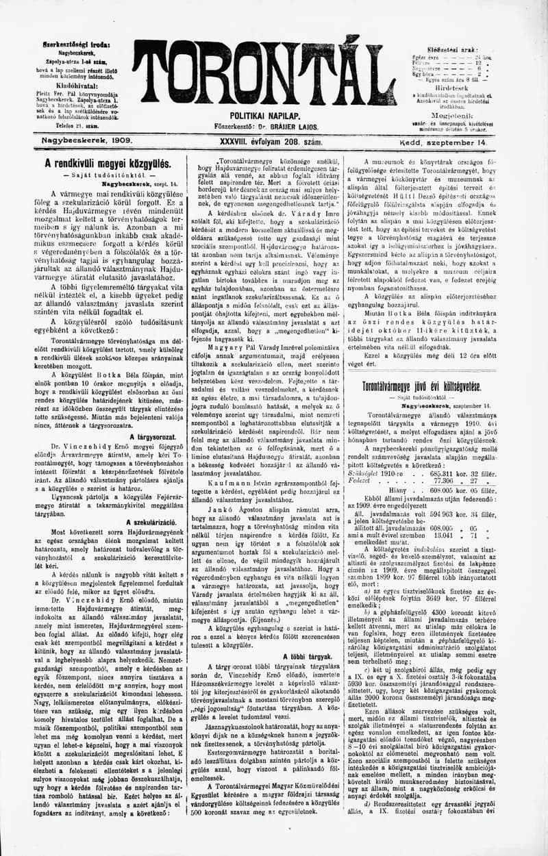Torontál, 38. évf. 1909. szeptember 14. 208. sz.