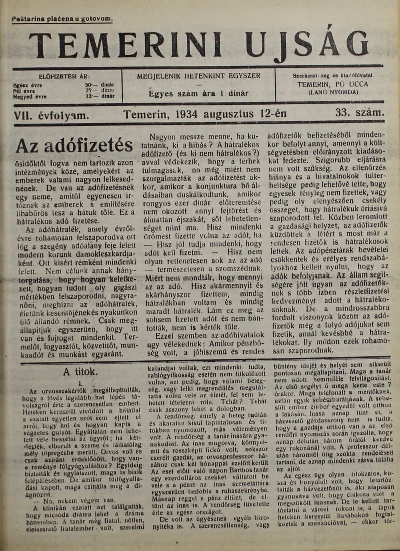 Temerini Újság 1928-1944, 7. évf. 1934. augusztus 12. 33. sz.