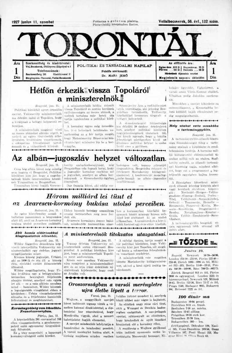 Torontál, 56. évf. 1927. június 11. 132. sz.