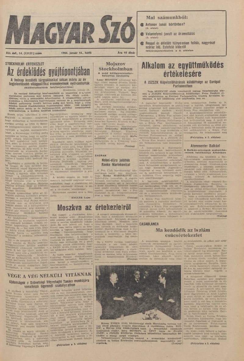 Magyar Szó, 41. évf. 1984. január 16. 14. sz. 1–8. oldal