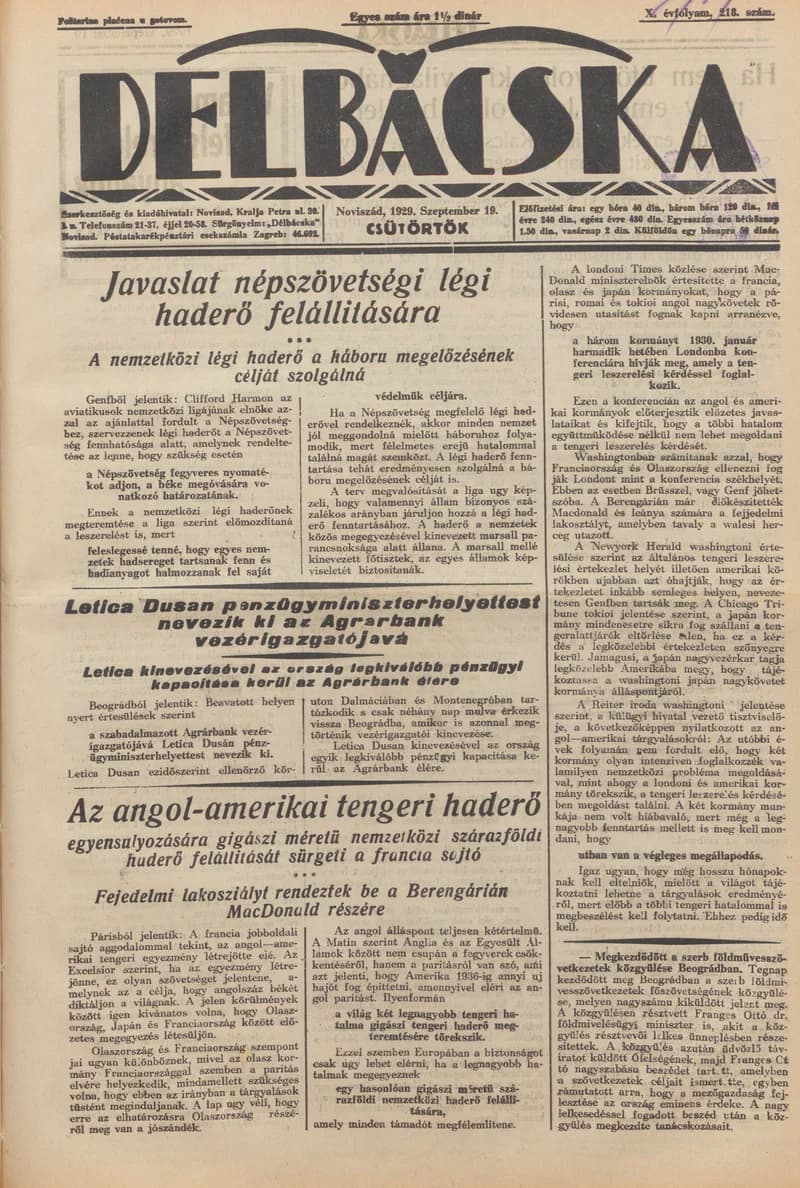 Délbácska, 10. évf. 1929. szeptember 19. 218. sz.