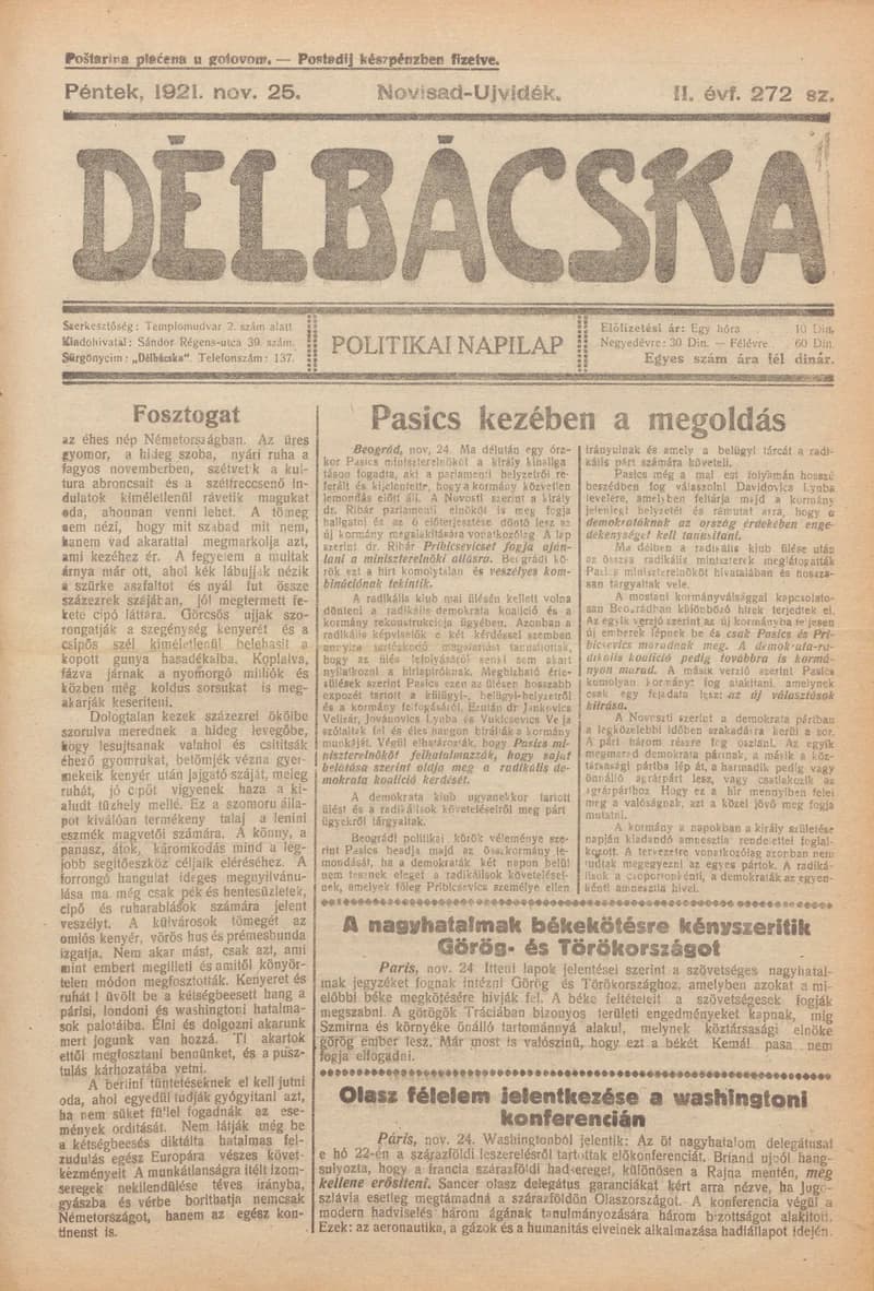 Délbácska, 2. évf. 1921. november 25. 272. sz.